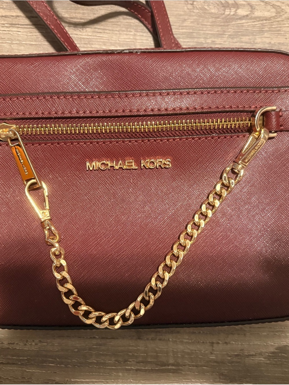 Michael Kors Burgundy Saffiano Leather Shoulder Bag with Gold Chain
